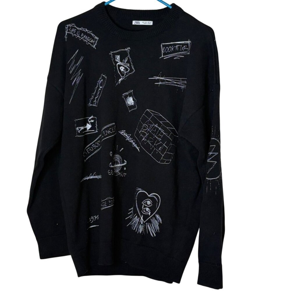 ZARA Black Abstract Scribble Art Sweater Mens L Dystopian Avant Garde Streetwear
